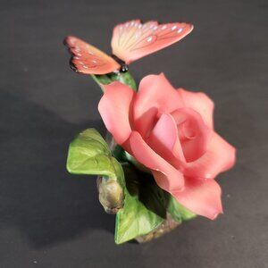 Beautiful Coral Pink Porcelain Rose with Butterfly Sculpture 3" Figurine